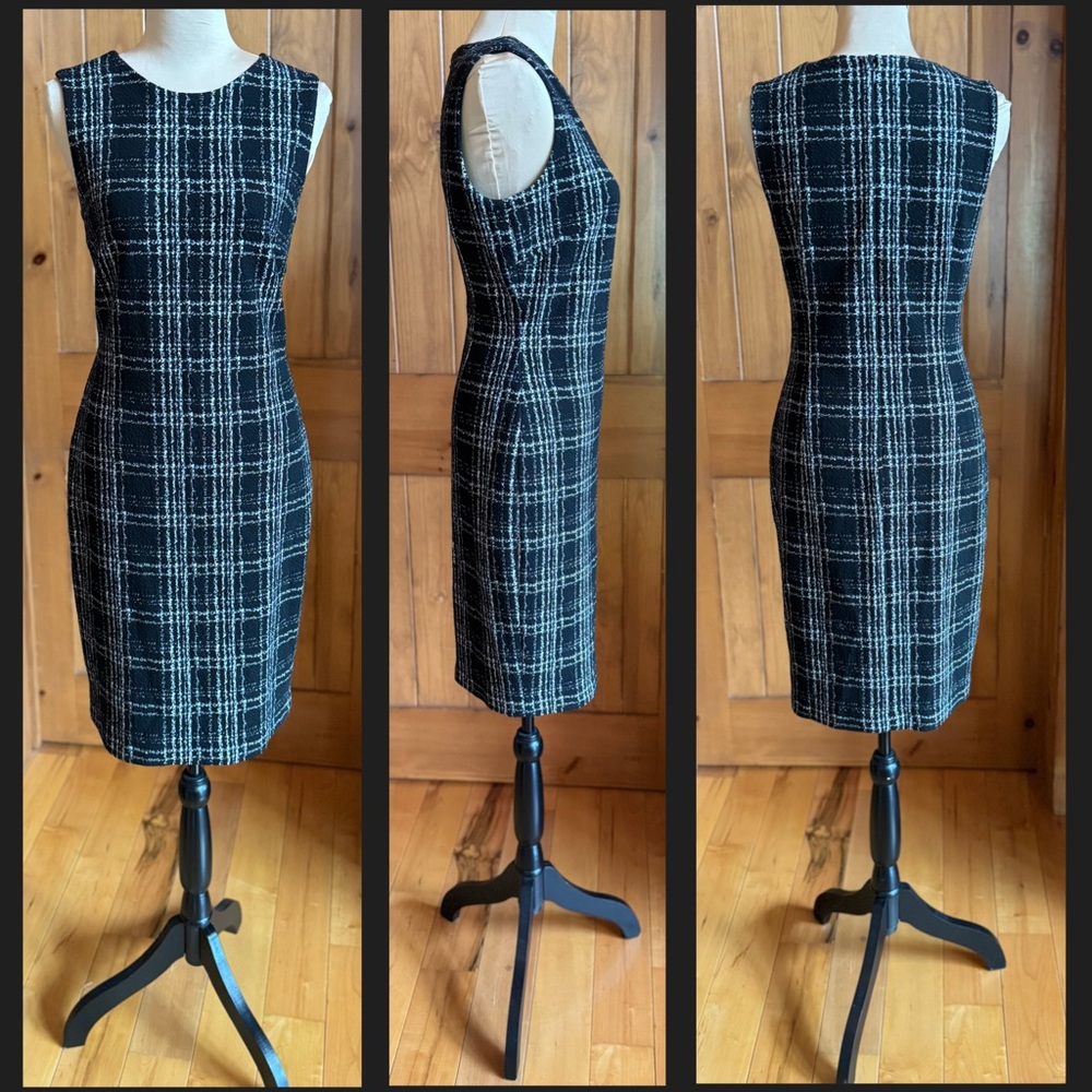 Calvin Klein Textured Black White Plaid Bodycon Sheath Dress (8) - Picture 3 of 17